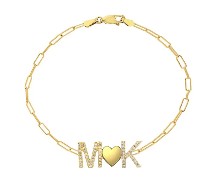 Alev Pave Initials and Gold Heart Paperclip Bracelet Bracelets