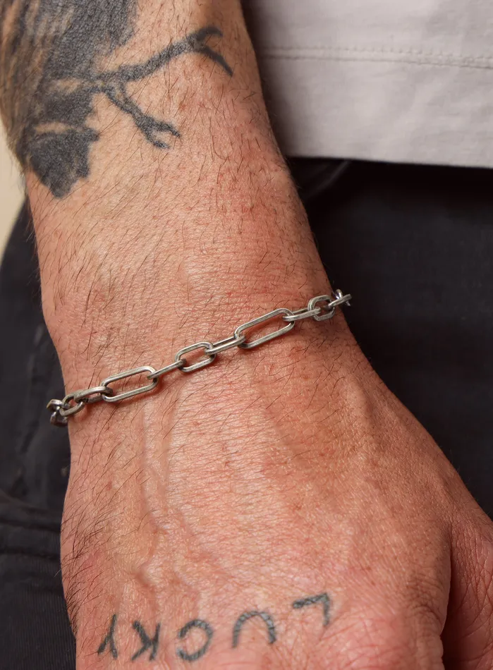 Bracelets 925 Oxidized Sterling Silver Wide Oval Cable Mens Chain Bracelet WE ARE ALL SMITH Mens Jewelry Clothing