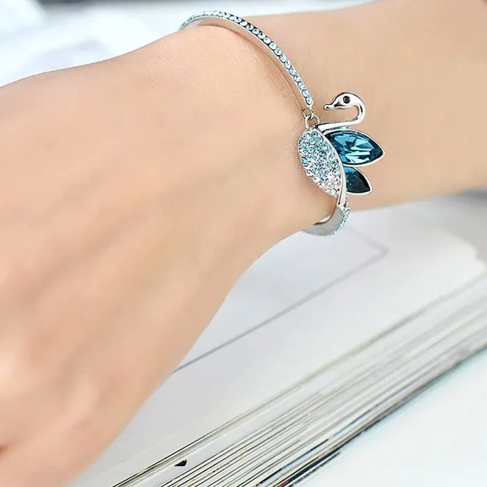 Bracelets Kairangi Kairangi Bracelet for Women and Girls Blue Crystal Swan Shaped Silver Toned Crystal Bracelet for Girls Birthday Gift for Girls and Women Anniversary Gift for Wife