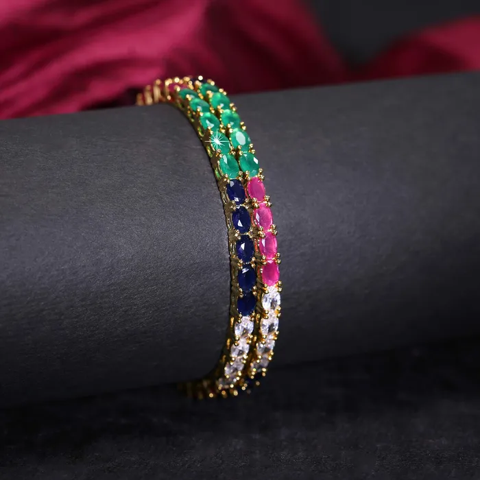 Bracelets Yellow Chimes Elegant Multicolor ADAmerican Diamond Studded 18k Gold Plated Classic 2 PCs Handcrafted Bangles Set for Women Girls 28 Yellow Chimes