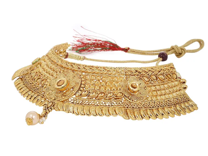 Bracelets Yellow Chimes Gold Plated Traditional Flower Designer Studded pearl Choker Necklace Earring Maang Tikka Set Necklace set Necklace Jewellery Set For Women Girls Yellow Chimes