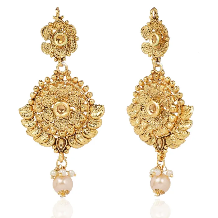 Bracelets Yellow Chimes Gold Plated Traditional Flower Designer Studded pearl Choker Necklace Earring Maang Tikka Set Necklace set Necklace Jewellery Set For Women Girls Yellow Chimes