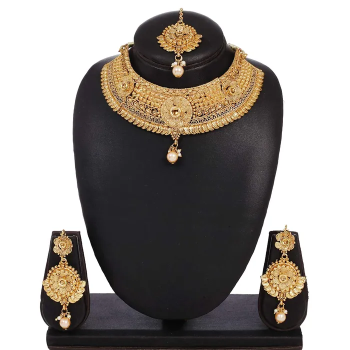 Bracelets Yellow Chimes Gold Plated Traditional Flower Designer Studded pearl Choker Necklace Earring Maang Tikka Set Necklace set Necklace Jewellery Set For Women Girls Yellow Chimes