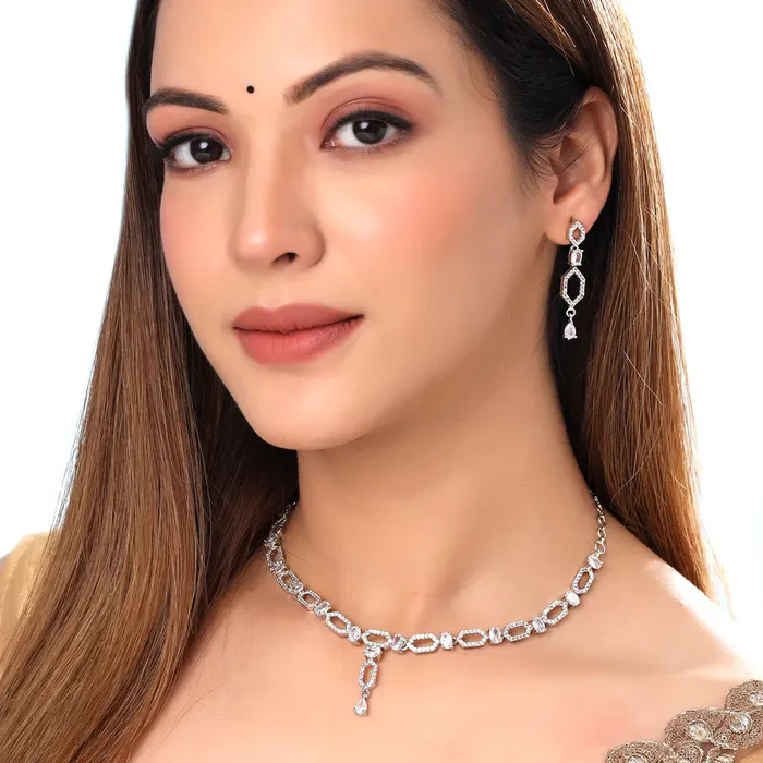 Bracelets Yellow Chimes Jewellery Set for Women and Girls American Diamond Jewellery Set Silver Tone White AD Necklace Set Birthday Gift for girls and women Anniversary Gift for Wife Yellow Chimes