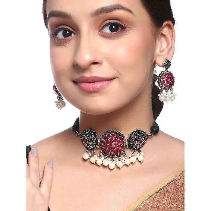 Bracelets Yellow Chimes Oxidised Jewellery Set for Women Silver Oxidised Jewellery Set Pink Stone Peacock Design Traditional Choker Necklace Set for Women and Girls Yellow Chimes