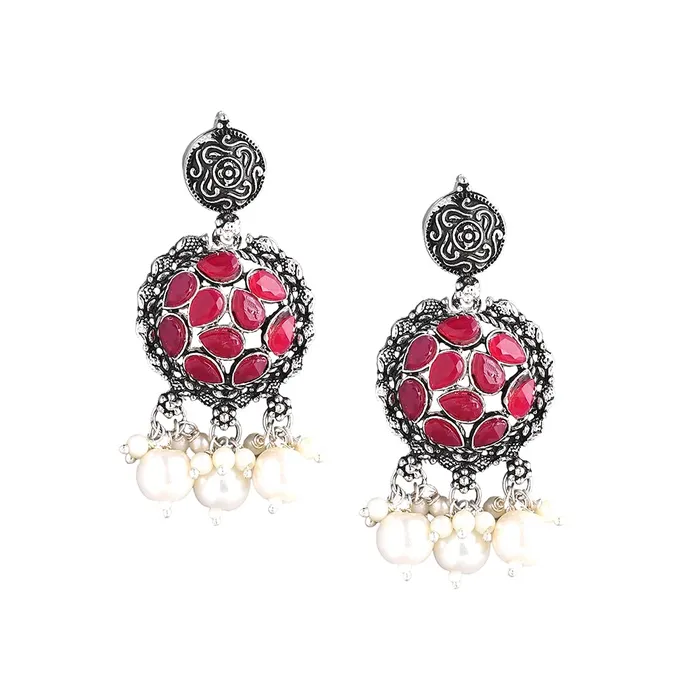 Bracelets Yellow Chimes Oxidised Jewellery Set for Women Silver Oxidised Jewellery Set Pink Stone Peacock Design Traditional Choker Necklace Set for Women and Girls Yellow Chimes
