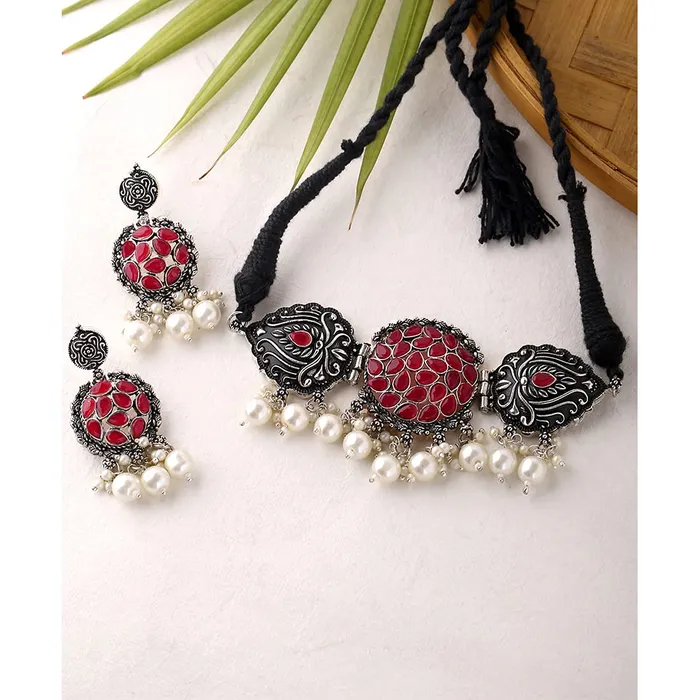 Bracelets Yellow Chimes Oxidised Jewellery Set for Women Silver Oxidised Jewellery Set Pink Stone Peacock Design Traditional Choker Necklace Set for Women and Girls Yellow Chimes