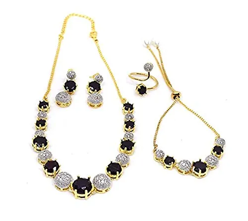 Bracelets Yellow Chimes Premium American Diamond Designer Sparkling Ruby Gold Plated Necklace Set with Bracelet Ring Classic Jewellery Set for Women Girls Red Yellow Chimes