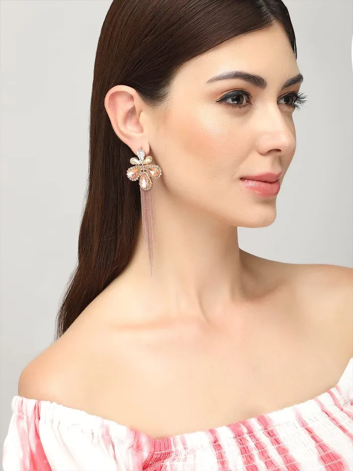 Bracelets Yellow Chimes Yellow Chimes Crystal Danglers Earrings for Women Floral Shaped Crystal Peach Long Chain Dangler Earrings for Women and Girls