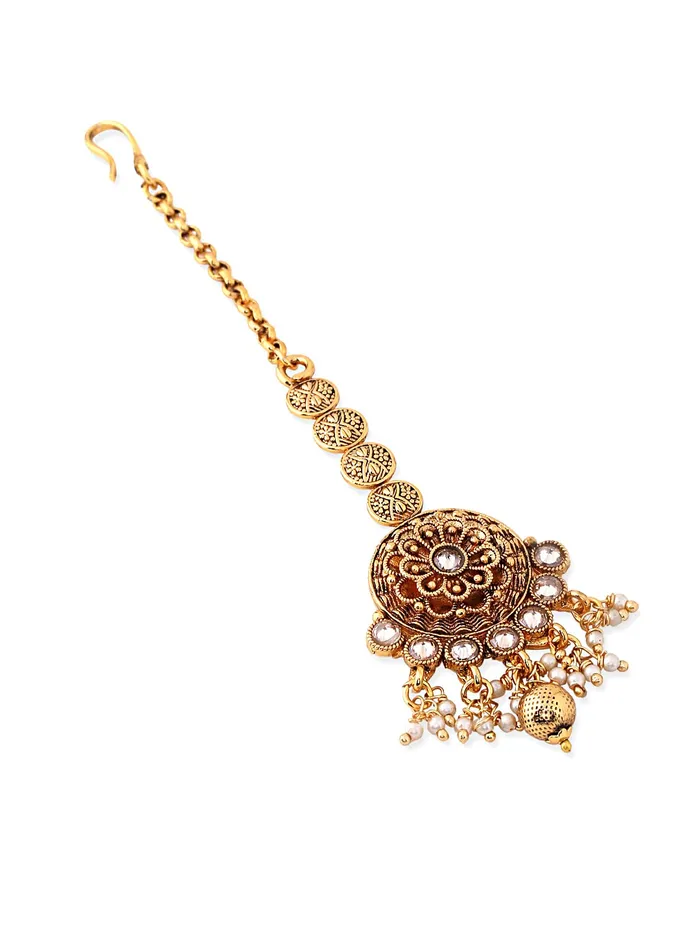 Bracelets Yellow Chimes Yellow Chimes Manng Tikka for Women Gold Toned Crystal Studded Floral Designed Beads Drop Maang Tikka for Women and Girls