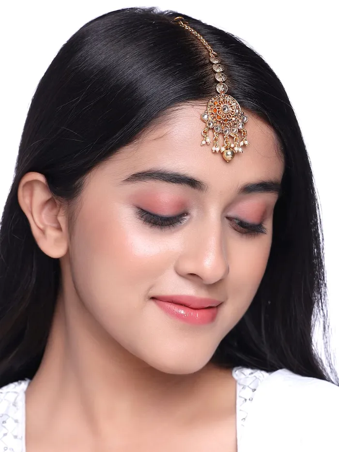 Bracelets Yellow Chimes Yellow Chimes Manng Tikka for Women Gold Toned Crystal Studded Floral Designed Beads Drop Maang Tikka for Women and Girls