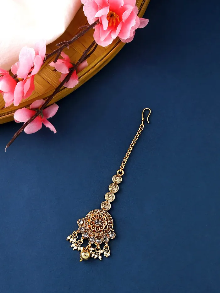 Bracelets Yellow Chimes Yellow Chimes Manng Tikka for Women Gold Toned Crystal Studded Floral Designed Beads Drop Maang Tikka for Women and Girls