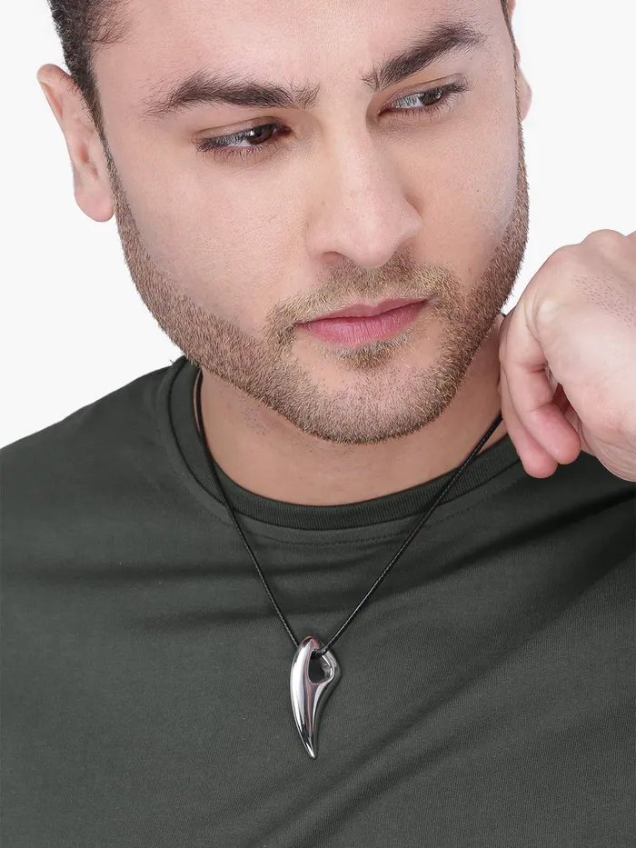 Bracelets Yellow Chimes Yellow Chimes Pendant for Men Silver Men Pendant Stainless Steel Wolf Tooth Black Leather Rope Pendant for Men and Boys