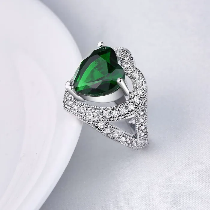 Bracelets Yellow Chimes Yellow Chimes Ring for Women Cocktail Style Platinum Plated Emerald Crystal Heart Shaped green colored stone Ring for Women and Girls
