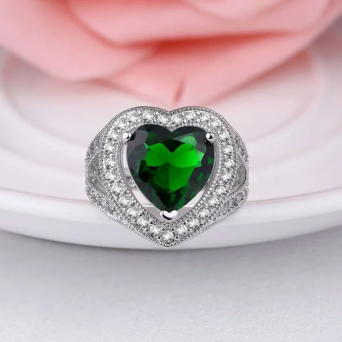 Bracelets Yellow Chimes Yellow Chimes Ring for Women Cocktail Style Platinum Plated Emerald Crystal Heart Shaped green colored stone Ring for Women and Girls