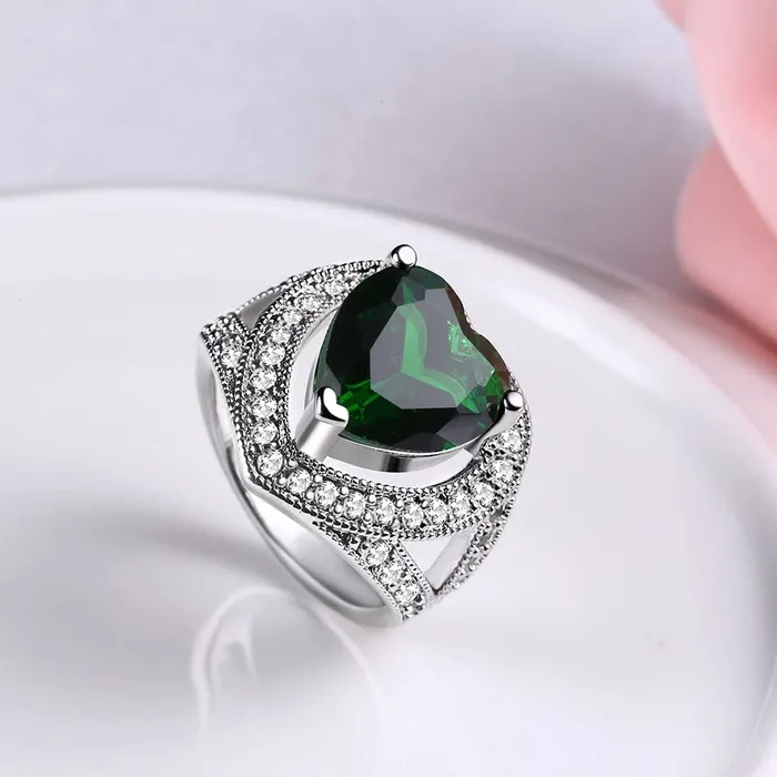 Bracelets Yellow Chimes Yellow Chimes Ring for Women Cocktail Style Platinum Plated Emerald Crystal Heart Shaped green colored stone Ring for Women and Girls