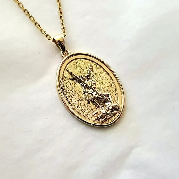 carre dor Necklaces 14k 18k gold mens oval Archangel Saint Michael pendant necklace 2 carre dor Necklaces 14k 18k gold mens oval Archangel Saint Michael pendant necklace 2