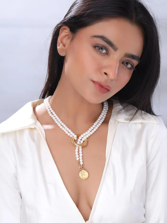 Combo Pearl Necklace Body Chain for Women Elegant Design Gold Plated One Size Yellow Chimes Earrings