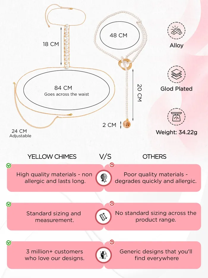 Combo Pearl Necklace Body Chain for Women Elegant Design Gold Plated One Size Yellow Chimes Earrings