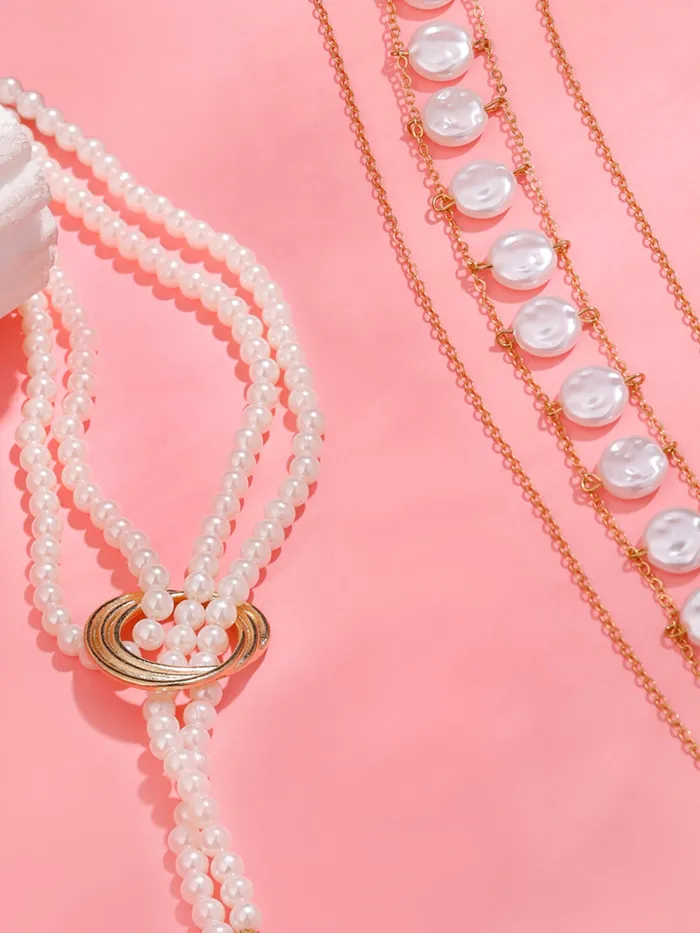 Combo Pearl Necklace Body Chain for Women Elegant Design Gold Plated One Size Yellow Chimes Earrings