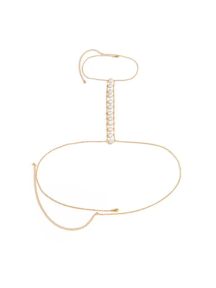 Combo Pearl Necklace Body Chain for Women Elegant Design Gold Plated One Size Yellow Chimes Earrings