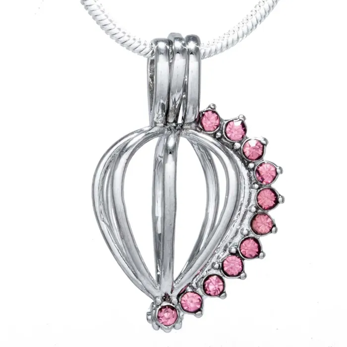 CPSP048 Necklaces Cage Pendant Silver Plated Pink Rhinestone Teardrop