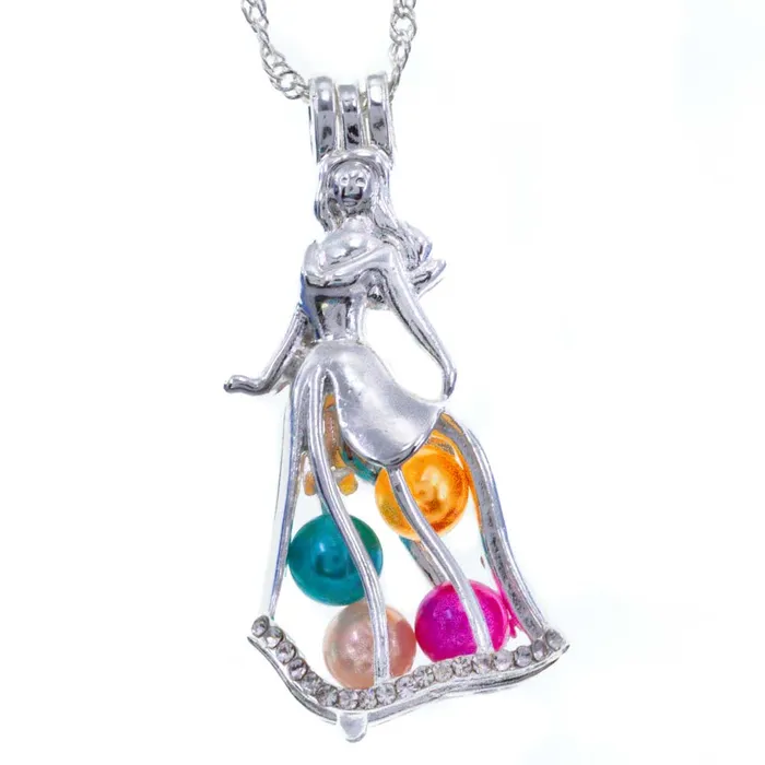 CPSP208 Necklaces Cage Pendant Silver Plated Princess Rhinestone Dress with Beads CPSP208 Necklaces Cage Pendant Silver Plated Princess Rhinestone Dress with Beads