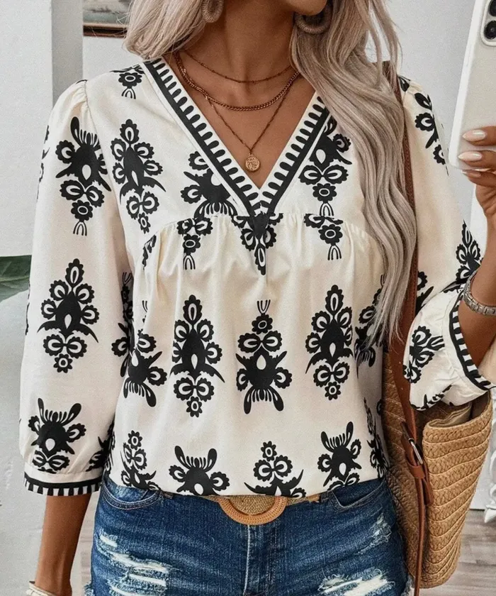 Earrings Lalaloo Geometric VNeck Blouse Beige