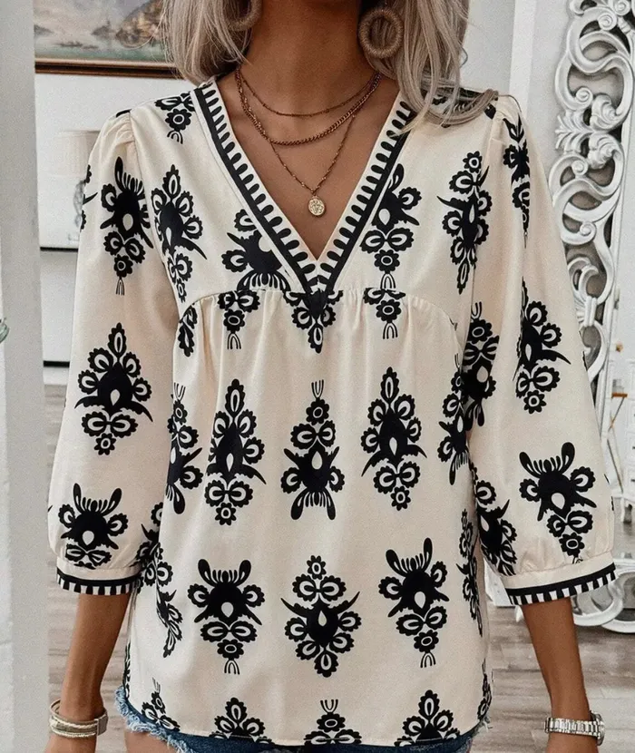 Earrings Lalaloo Geometric VNeck Blouse Beige