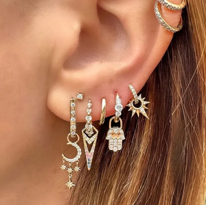Earrings Three Stories Jewelry White and Yellow Double Sided Curved Diamond Hoop