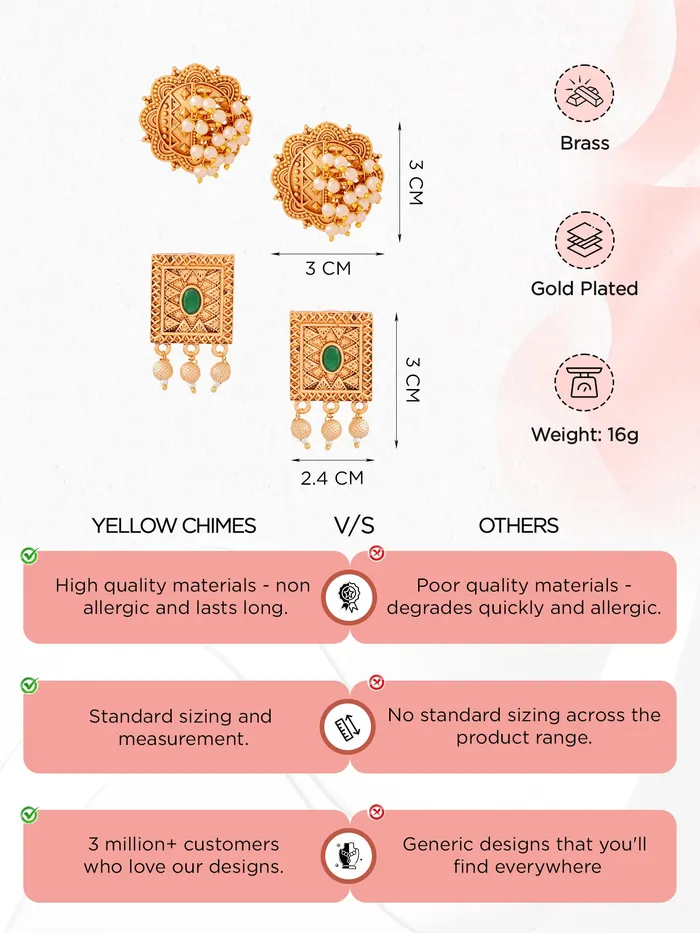 Earrings Yellow Chimes Combo of 2 Pairs Gold Plated Traditional Stud Earrings Gold Lightweight Design Gift Box