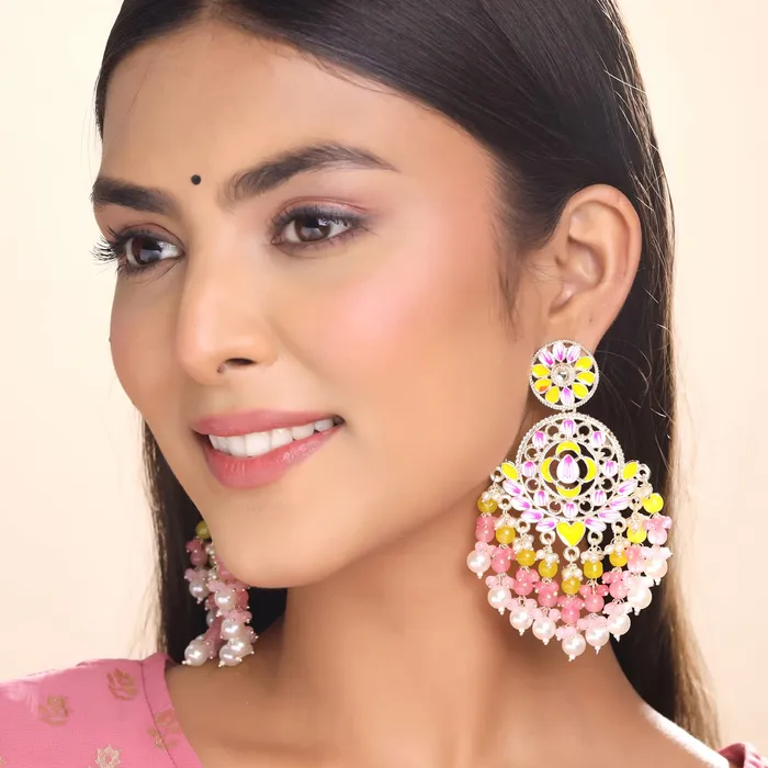 Earrings Yellow Chimes Earrings for Women and Girls Meenakari Chandbali Gold Plated Yellow Pink Meenakari Chandbali Earrings Birthday Gift for girls and women Anniversary Gift for Wife Yellow Chimes
