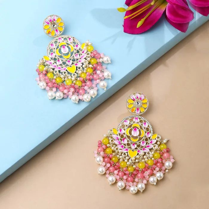 Earrings Yellow Chimes Earrings for Women and Girls Meenakari Chandbali Gold Plated Yellow Pink Meenakari Chandbali Earrings Birthday Gift for girls and women Anniversary Gift for Wife Yellow Chimes