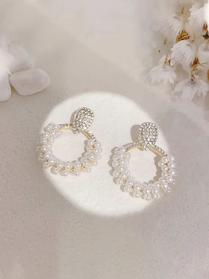 Earrings Yellow Chimes Earrings For Women Gold Tone Crystal Open Circle Pearl Embellished Drop Earrings For Women and Girls Yellow Chimes