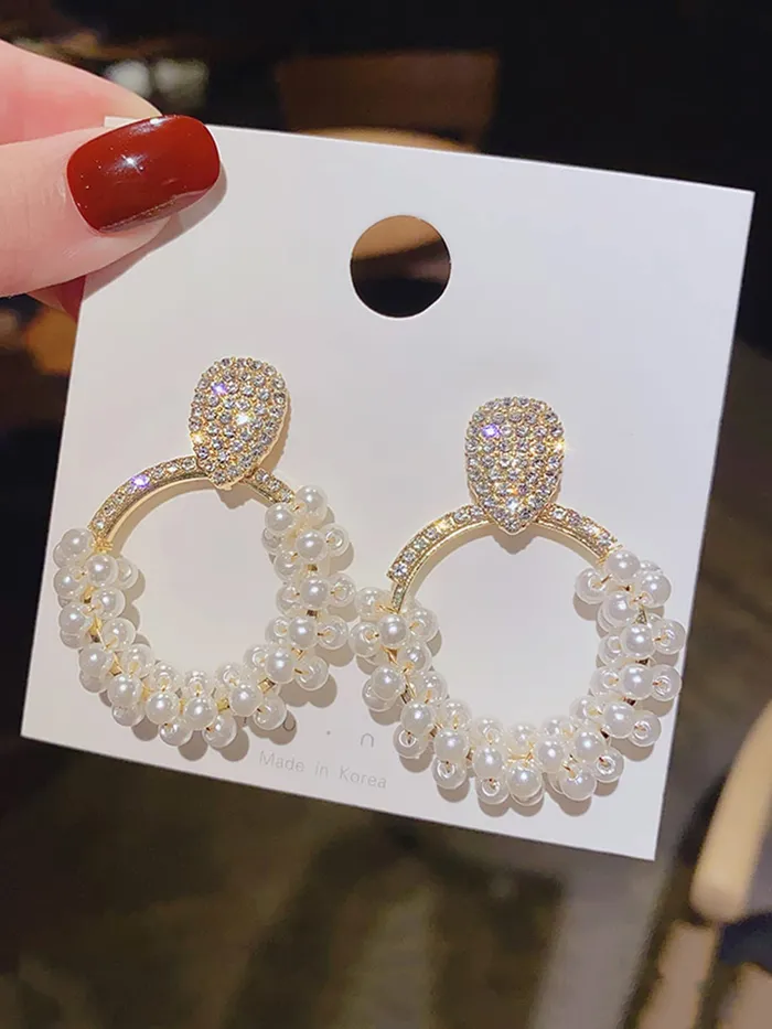 Earrings Yellow Chimes Earrings For Women Gold Tone Crystal Open Circle Pearl Embellished Drop Earrings For Women and Girls Yellow Chimes