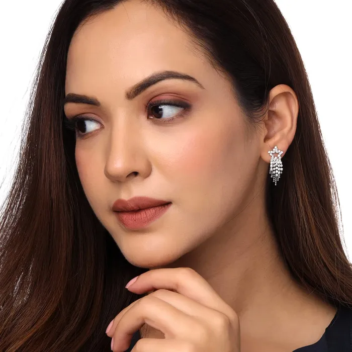 Earrings Yellow Chimes Earrings For Women Silver Toned Crystal Studded Star Stud Chain Fringes Drop Dangler Earrings For Women and Girls Yellow Chimes