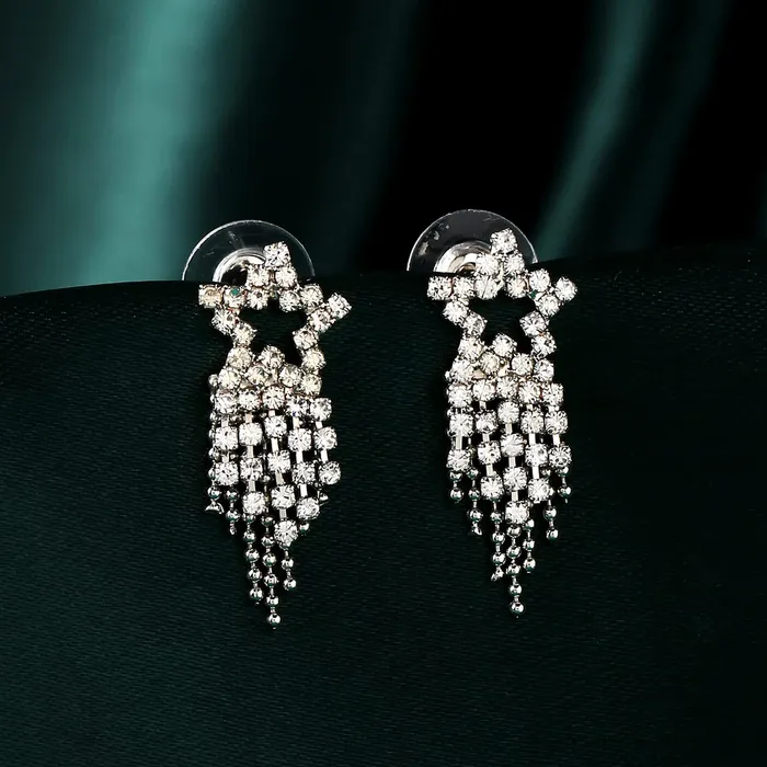 Earrings Yellow Chimes Earrings For Women Silver Toned Crystal Studded Star Stud Chain Fringes Drop Dangler Earrings For Women and Girls Yellow Chimes