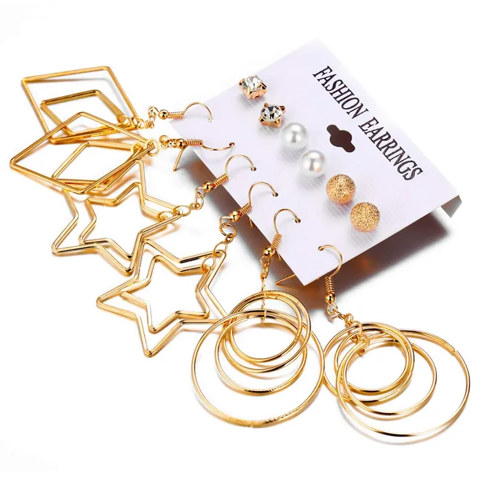 Earrings Yellow Chimes Golden Base Metal pearl Multiple Stud Earrings Big Hoop Tassel Drop Pearl Earrings for Women and Girls Moon Star 6 and 9 Pairs Assorted Yellow Chimes