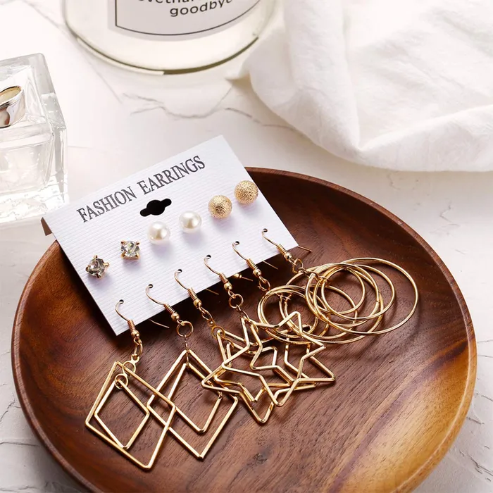Earrings Yellow Chimes Golden Base Metal pearl Multiple Stud Earrings Big Hoop Tassel Drop Pearl Earrings for Women and Girls Moon Star 6 and 9 Pairs Assorted Yellow Chimes