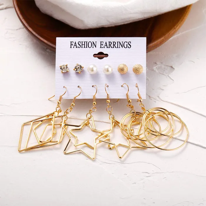 Earrings Yellow Chimes Golden Base Metal pearl Multiple Stud Earrings Big Hoop Tassel Drop Pearl Earrings for Women and Girls Moon Star 6 and 9 Pairs Assorted Yellow Chimes
