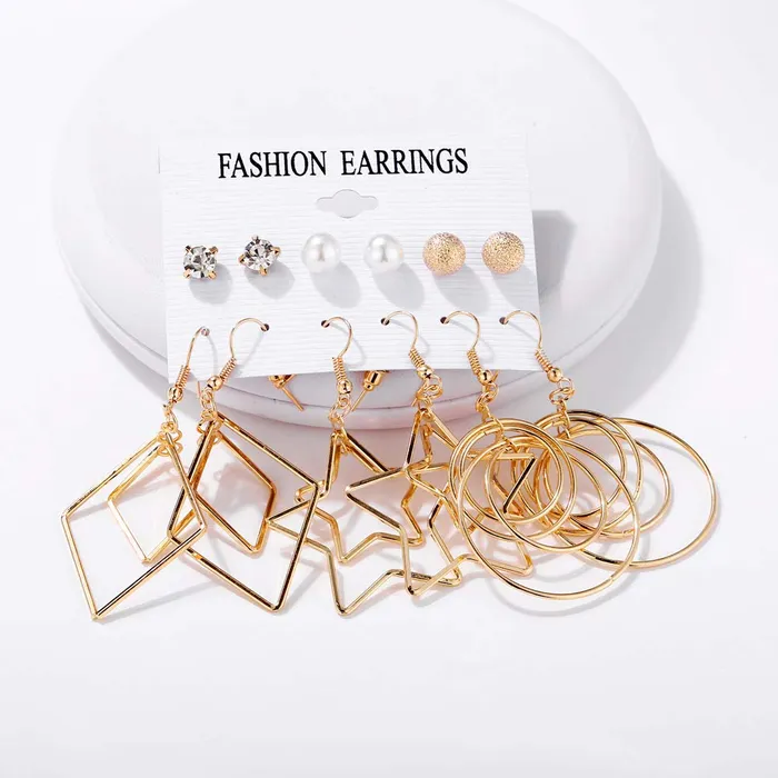 Earrings Yellow Chimes Golden Base Metal pearl Multiple Stud Earrings Big Hoop Tassel Drop Pearl Earrings for Women and Girls Moon Star 6 and 9 Pairs Assorted Yellow Chimes