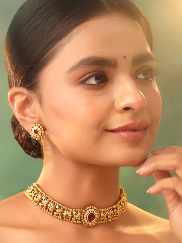 Earrings Yellow Chimes Jewellery Set for Women Ethnic Gold Plated Choker Necklace Set One Size Gold