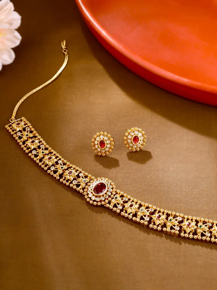 Earrings Yellow Chimes Jewellery Set for Women Ethnic Gold Plated Choker Necklace Set One Size Gold