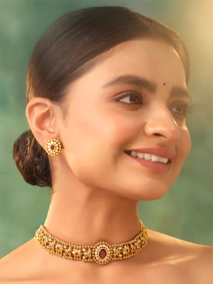 Earrings Yellow Chimes Jewellery Set for Women Ethnic Gold Plated Choker Necklace Set One Size Gold