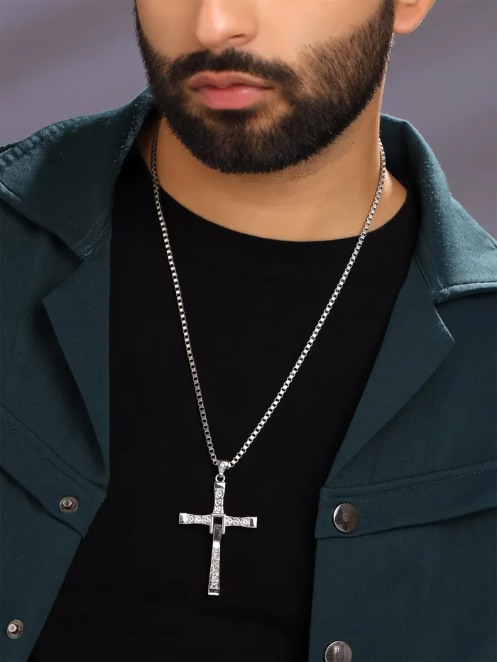 Earrings Yellow Chimes Pendant for Men and Boys Silver Pendants For Men Crystal Studded Pendent with Chain Vin diesel Smart Cross Pendant Chain for Men Birthday And Anniversary Gift Yellow Chimes