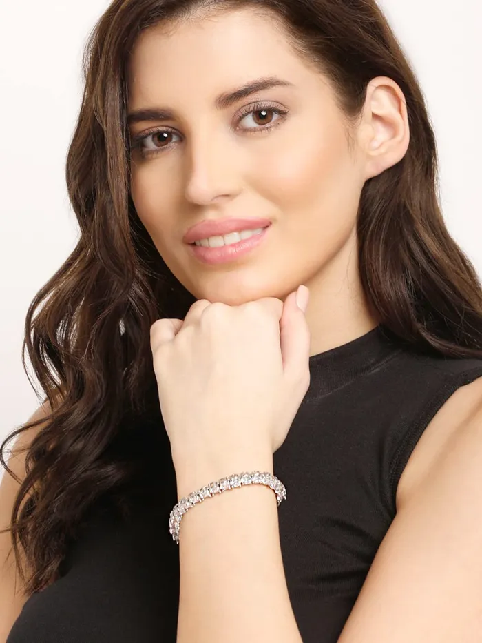 Earrings Yellow Chimes Yellow Chimes AD Bracelet for Women White American Diamond AD Studded Rhodium Plated Handcrafted Bracelet for Women and Girls