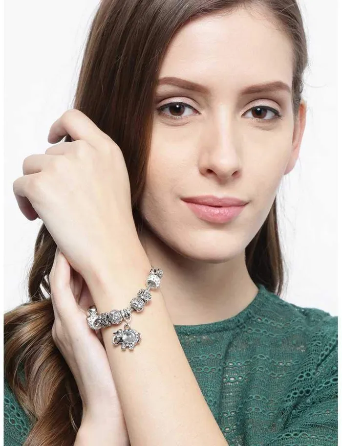Earrings Yellow Chimes Yellow Chimes Bracelet for Women Silver Oxidised Crystal Studded Antique Floral Elephant Drop Charm Bracelet for Women and Girls