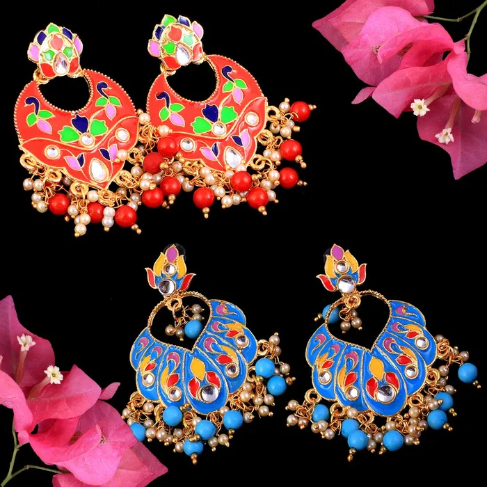 Earrings Yellow Chimes Yellow Chimes Combo 2 Pairs Stylish Meenakari Chandbali Earrings for Women and Girls