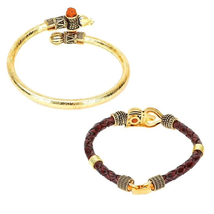 Earrings Yellow Chimes Yellow Chimes Combo of Two Oxidized Gold Shiva Trishul Rudraksha Damroo Kada Bracelet Bangle for Men and Boys