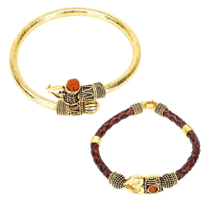 Earrings Yellow Chimes Yellow Chimes Combo of Two Oxidized Gold Shiva Trishul Rudraksha Damroo Kada Bracelet Bangle for Men and Boys